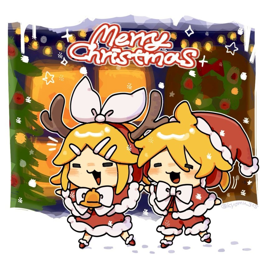 1boy, 1girl, :3, bell, blonde_hair, blueh, boots, bow, bow_hairband, bowtie, capelet, chibi, chibi_only, christmas, christmas_tree, christmas_wreath, closed_eyes, commentary_request, dress, earmuffs, fake_antlers, footprints, full_body, fur-trimmed_boots, fur-trimmed_capelet, fur-trimmed_dress, fur-trimmed_shorts, fur_trim, hair_ornament, hairband, hairclip, hat, highres, holding_hands, kagamine_len, kagamine_rin, kyomu_305, merry_christmas, neck_bell, open_mouth, santa_costume, santa_hat, shorts, smile, snow, snowing, suspenders, vocaloid, wreath