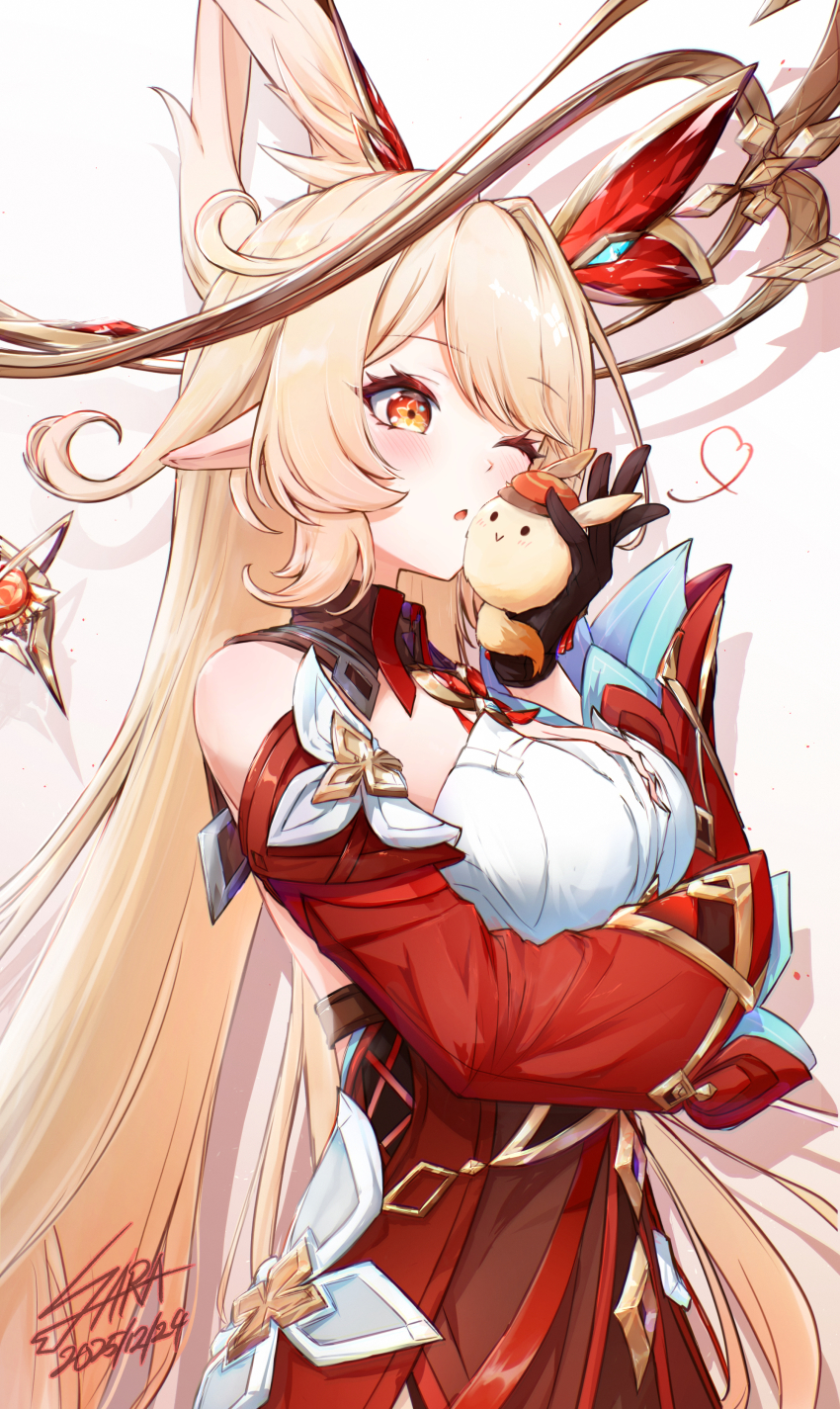 1girl, absurdres, ahoge, alice_(genshin_impact), arm_under_breasts, bare_shoulders, blonde_hair, blush