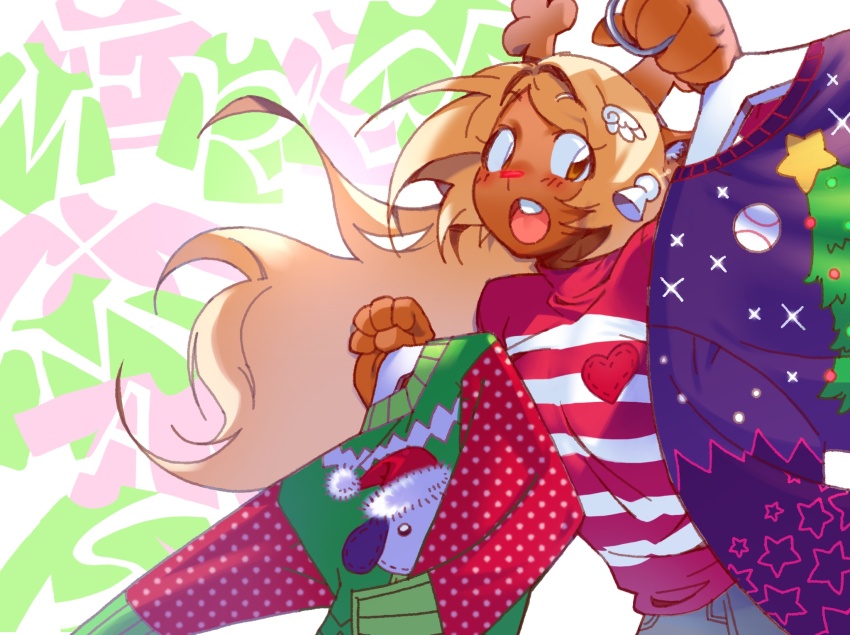1girl, angel_earrings, animal_ears, animal_print, antlers, baseball_print, blonde_hair, blush, brown_eyes, brown_fur, buck_teeth, christmas_sweater, clothes_hanger, commentary, deer_antlers, deer_ears, deer_girl, deltarune, denim, dog_print, english_commentary, floating_hair, furry, furry_female, green_sweater, hair_ornament, hairclip, hat, heart, heart_print, highres, holding, holding_clothes_hanger, holding_sweater, horns, jeans, long_hair, merry_christmas, noelle_holiday, open_mouth, pants, patchwork_clothes, polka_dot_sleeves, purple_sweater, red_nose, red_sleeves, red_sweater, reindeer_girl, santa_hat, star_(symbol), star_print, starry_sky_print, stiffcorpse, striped_clothes, striped_sweater, sweater, teeth, tree_print, utdr_(toby_fox), wavy_hair, white_sweater, wing_hair_ornament
