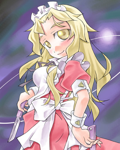 1girl, blonde_hair, female_focus, knife, lowres, maid, mystic_square, nyagakiya