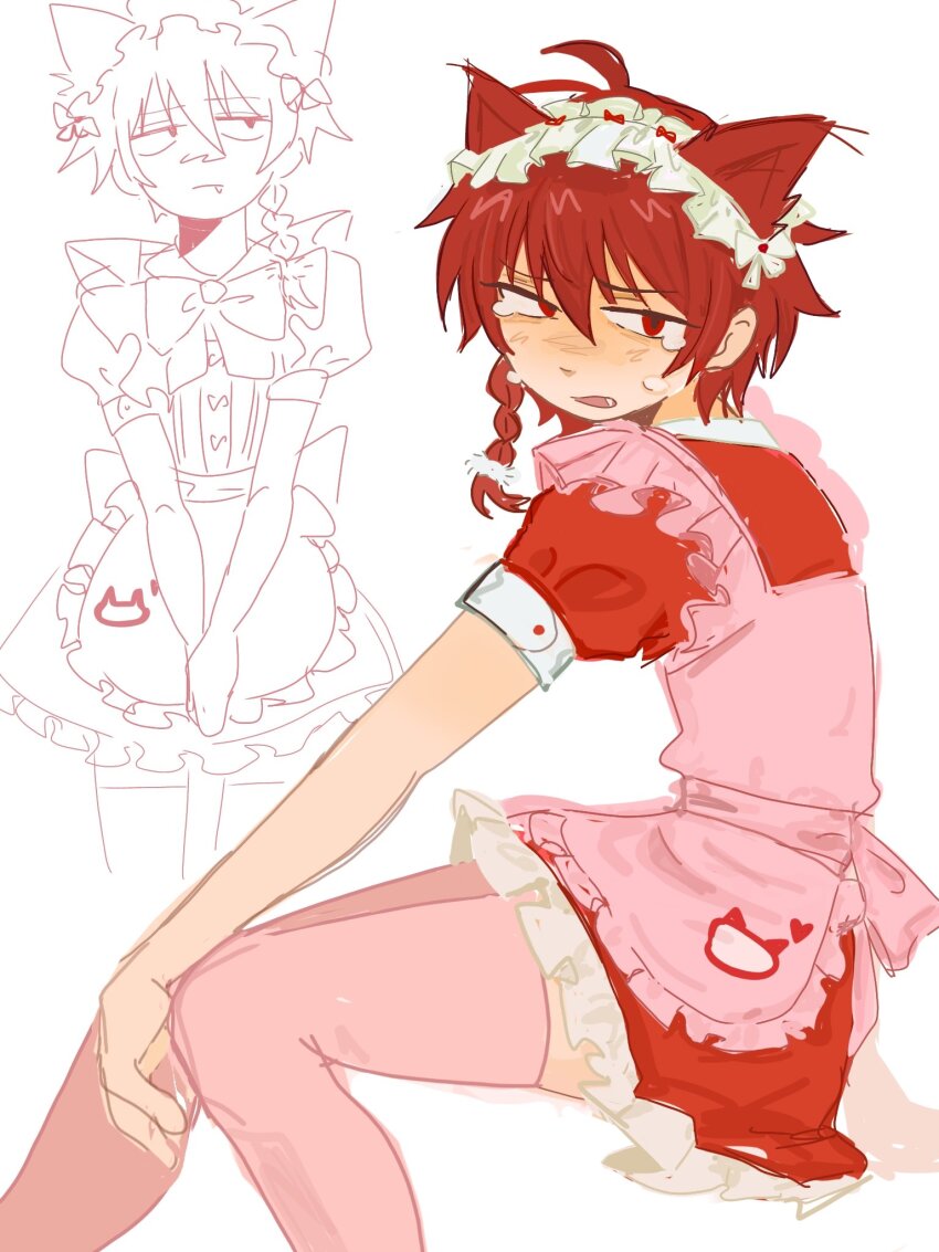 1boy, ahoge, alternate_costume, animal_ears, apron, back_bow, blush, bow, braid, cat_ears, commentary, crossdressing, crossdressing_(mtf), dress, dummamay, english_commentary, fang, frilled_apron, frilled_dress, frills, from_side, highres, kemonomimi_mode, looking_at_viewer, maeno_aki, maid, maid_apron, maid_headdress, male_focus, open_mouth, pink_apron, pink_bow, puffy_short_sleeves, puffy_sleeves, red_dress, red_eyes, red_hair, short_sleeves, sitting, tears, white_background, zeno_(game)