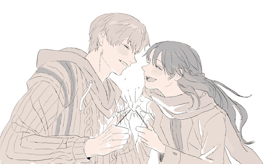 1boy, 1girl, blush, brown_hair, cable_knit, couple, fireworks, grey_hair