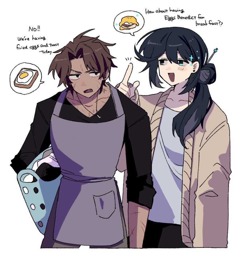 2boys, apron, black_eyes, black_hair, black_pants, black_shirt, bread, bread_slice