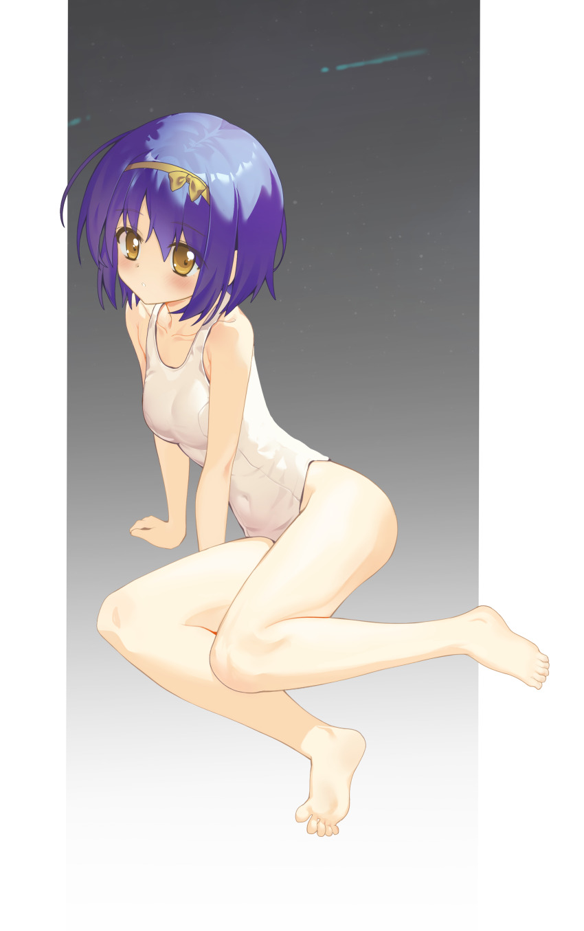 1girl, absurdres, arm_support, bare_legs, barefoot, blue_hair, blush, bow, breasts, chinese_commentary, clenched_hand, commentary_request, covered_navel, expressionless, feet, full_body, gradient_background, grey_background, hair_between_eyes, hair_bow, hairband, highres, hoshizora_no_memoria, isuzu_aoi, legs, looking_at_viewer, medium_hair, muchun_(2571268436), one-piece_swimsuit, parted_lips, school_swimsuit, simple_background, sitting, small_breasts, soles, solo, swimsuit, thighs, toes, white_one-piece_swimsuit, yellow_bow, yellow_eyes, yellow_hairband, yokozuwari