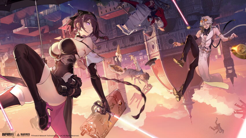 2boys, 2girls, absurdres, arm_warmers, backless_coat, bare_shoulders, black_arm_warmers, black_boots, black_gloves, black_leotard, black_pants, black_shoes, bob_cut, boots, breasts, cathedral, church, cloud, coat, copyright_name, copyright_notice, detached_collar, elbow_gloves, energy_sword, eyewear_on_head, falling, florence_(city), florence_cathedral, gloves, hair_ornament, hair_over_one_eye, high_heel_boots, high_heels, highres, holding, holding_sword, holding_weapon, janus_(xinyue_tongxing), large_breasts, leotard, lightsaber, logo, multiple_boys, multiple_girls, nun, nun_headdress, official_art, official_wallpaper, one_eye_covered, pants, plate, purple_hair, red_lightsaber, red_sky, red_veil, round_table, shirt, shoes, short_hair, single_arm_warmer, sky, sleeveless, sleeveless_coat, spaghetti_strap, sunglasses, sword, table, tablecloth, thigh_boots, toned, toned_male, unworn_ring, upside-down_background, upside-down_world, veil, vest, weapon, white_hair, white_shirt, xinyue_tongxing, yellow_eyes, yuren_(xinyue_tongxing)