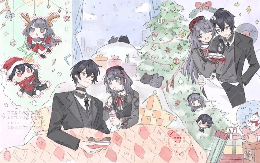 1boy, 1girl, ^_^, alternate_costume, animal_hands, animalization, antlers, ayn_alwyn, ayn_alwyn_(flowers_and_poetry), belt_collar, beret, black_choker, black_coat, black_collar, black_eyes, black_hair, black_hat, black_mittens, black_necktie, black_pants, black_shirt, black_sweater, blanket, blazer, blush, bow, bow_earrings, box, cat, cat_paws, chibi, chibi_inset, choker, christmas, christmas_ornaments, christmas_tree, christmas_wreath, closed_eyes, closed_mouth, cloud, coat, collar, collared_shirt, cross-laced_clothes, cross-laced_top, curtains, earrings, food, garland_(decoration), gift, gift_box, gloves, grin, hair_between_eyes, hair_ornament, hair_ribbon, hairclip, hand_in_pocket, hand_on_another's_waist, hat, hat_ribbon, heroine_(lovebrush_chronicles), hetero, highres, holding, holding_spoon, horns, ice_cream, jacket, jewelry, lapels, long_hair, long_skirt, long_sleeves, looking_at_another, looking_to_the_side, looking_up, lovebrush_chronicles, mittens, multiple_views, necktie, notched_lapels, open_clothes, open_coat, open_mouth, pale_skin, pants, paw_gloves, pillow, rabbit, red_eyes, red_hat, red_ribbon, red_scarf, reindeer_antlers, ribbon, santa_hat, scarf, scarf_bow, shirt, short_hair, sidelocks, skirt, smile, snow, snow_globe, snowing, spoon, star_(symbol), sweater, triangle_mouth, two-tone_hat, under_covers, utensil_in_mouth, vinyl_record, wakuwaku_1121, watermark, white_collar, white_gloves, white_shirt, white_skirt, winter, wreath, x_hair_ornament