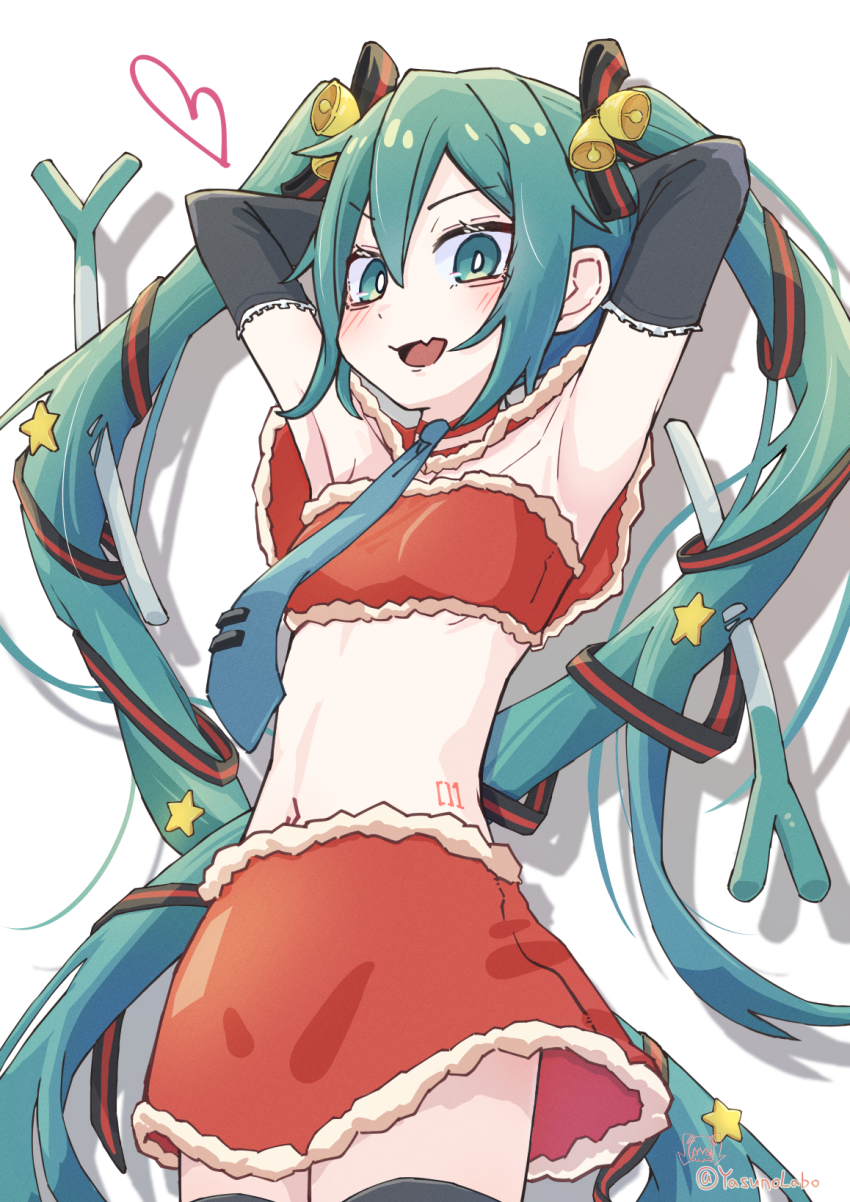 adapted_costume, aqua_eyes, aqua_hair, aqua_necktie, arms_behind_back, arms_up, bell, black_gloves, blush, breasts, christmas, commentary_request, elbow_gloves, fang, fur-trimmed_skirt, fur-trimmed_tube_top, fur_trim, gloves, hair_bell, hair_ornament, hair_ribbon, hatsune_miku, highres, long_hair, looking_at_viewer, looking_down, midriff, miniskirt, navel, necktie, number_tattoo, open_mouth, red_shirt, red_skirt, red_tube_top, ribbon, santa_costume, shirt, skin_fang, skirt, small_breasts, smile, star_(symbol), star_sticker, sticker, sticker_on_hair, stomach_tattoo, strapless, tattoo, thighhighs, tie_clip, tube_top, twintails, very_long_hair, vocaloid, yasuno-labo, zettai_ryouiki
