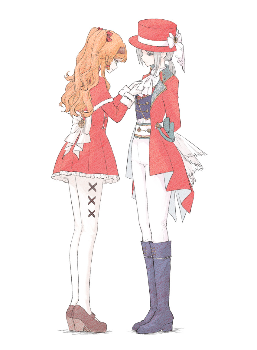 2girls, adjusting_another's_clothes, adjusting_ascot, alternate_costume, alternate_hairstyle, arms_behind_back, ascot, back_bow