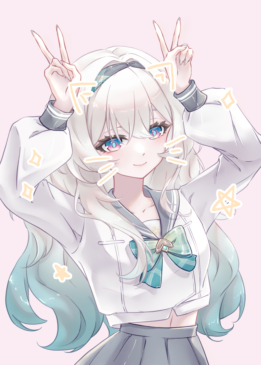 1girl, absurdres, aqua_bow, aqua_bowtie, aqua_hair, aqua_nails, arms_up, black_hairband