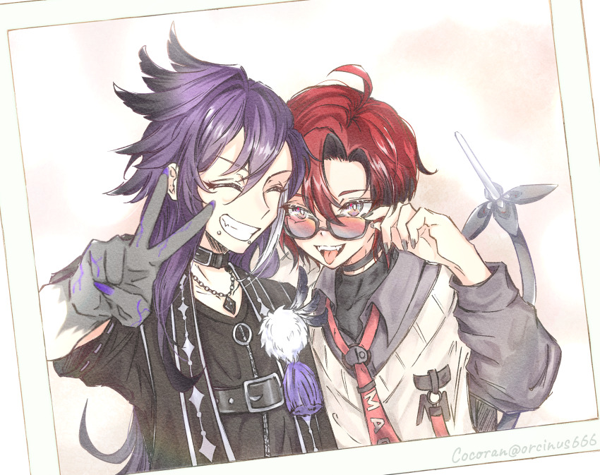 2boys, absurdres, adjusting_eyewear, ahoge, alternate_costume, artist_name, banzoin_hakka, banzoin_hakka_(2nd_costume)