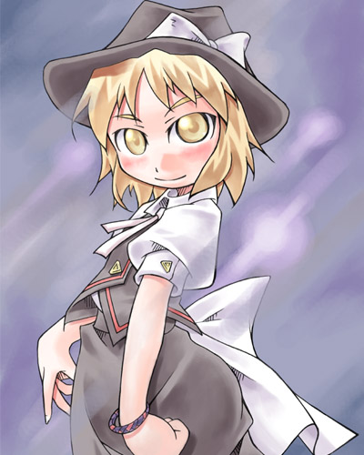 1girl, blonde_hair, blush, bracelet, female_focus, hat, jewelry, lowres, mystic_square, nyagakiya, puffy_sleeves, skirt, skirt_set, smile, solo, touhou, touhou_(pc-98), witch, yellow_eyes, yuki_(touhou)