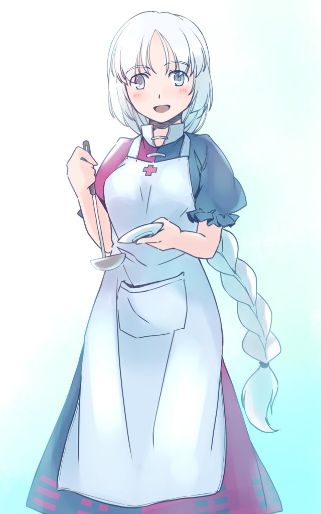 1girl, :d, apron, apron_pouch, blue_background, blue_dress, blush, braid