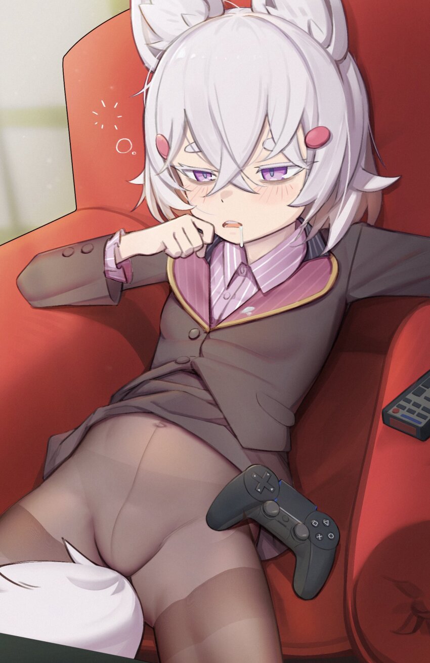 1girl, absurdres, animal_ear_fluff, animal_ears, black_jacket, brown_pantyhose, chachironi3, chair, collared_shirt, controller, dualshock, fox_ears, fox_girl, fox_tail, game_controller, highres, jacket, loli, no_pants, official_alternate_costume, on_chair, open_mouth, pantyhose, phase_connect, playstation_controller, purple_eyes, purple_shirt, remote_control, shirt, solo, striped_clothes, striped_shirt, tail, tenma_maemi, tenma_maemi_(office_lady), thick_eyebrows, virtual_youtuber, waking_up, white_hair