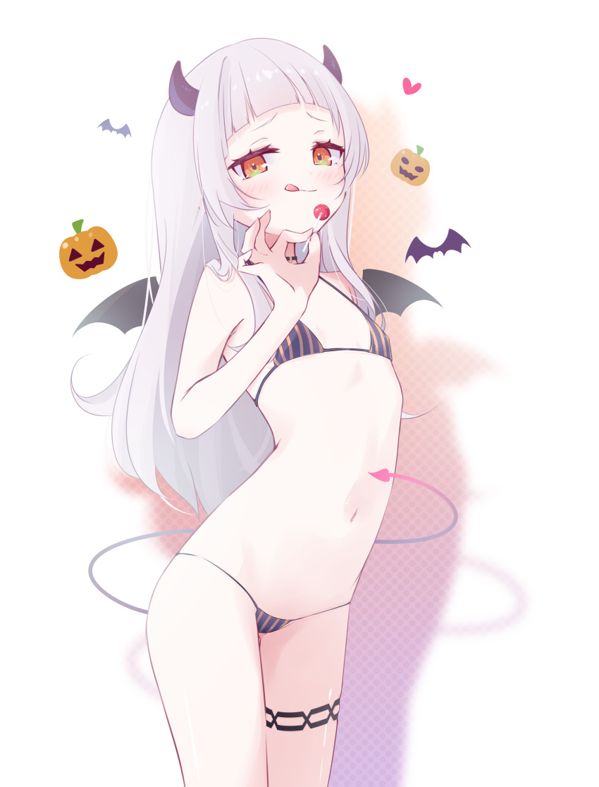 :p, absurdres, animal_print, bat_print, bat_wings, bikini, candy, capuchi_(111cappuccino)