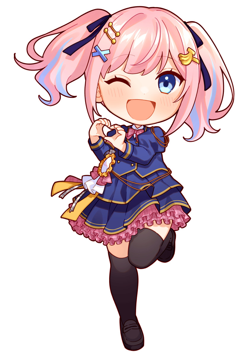 1girl, absurdres, banana_hair_ornament, black_thighhighs, blue_eyes, blue_hair, blue_jacket, bow