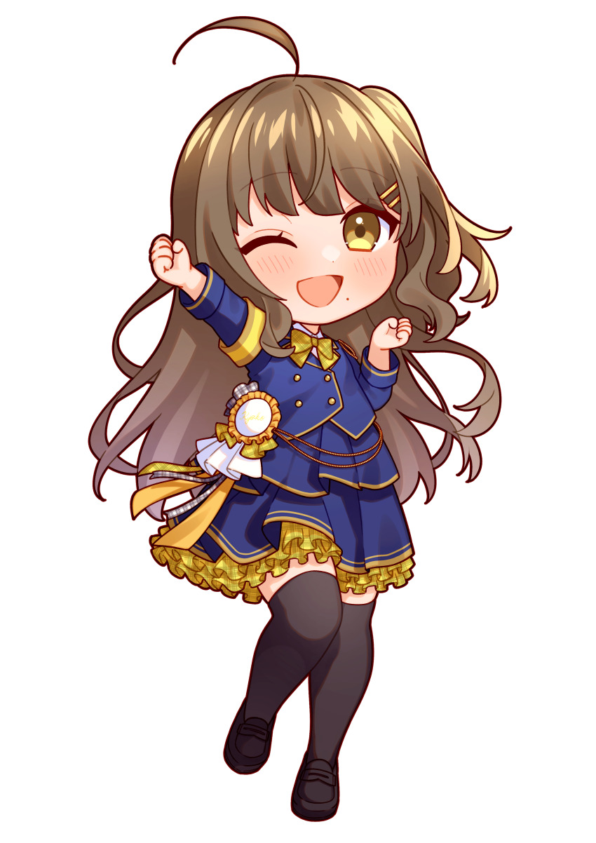 1girl, absurdres, ahoge, arm_up, black_shoes, black_thighhighs, blue_jacket, blue_skirt