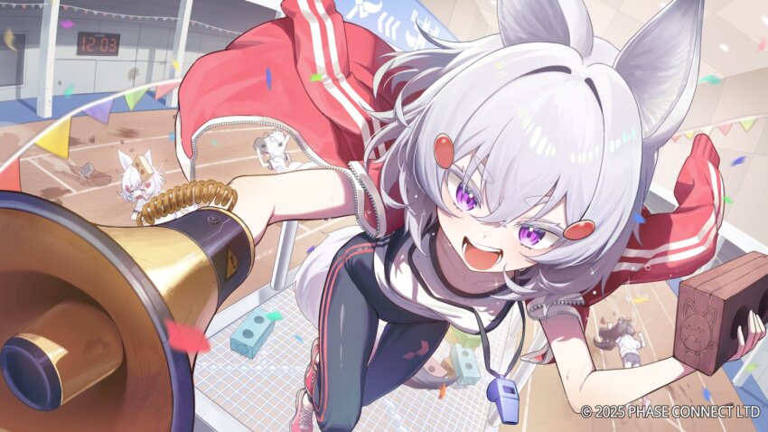 1girl, animal_ears, black_pants, brick, string_of_flags, clock, collarbone, commentary