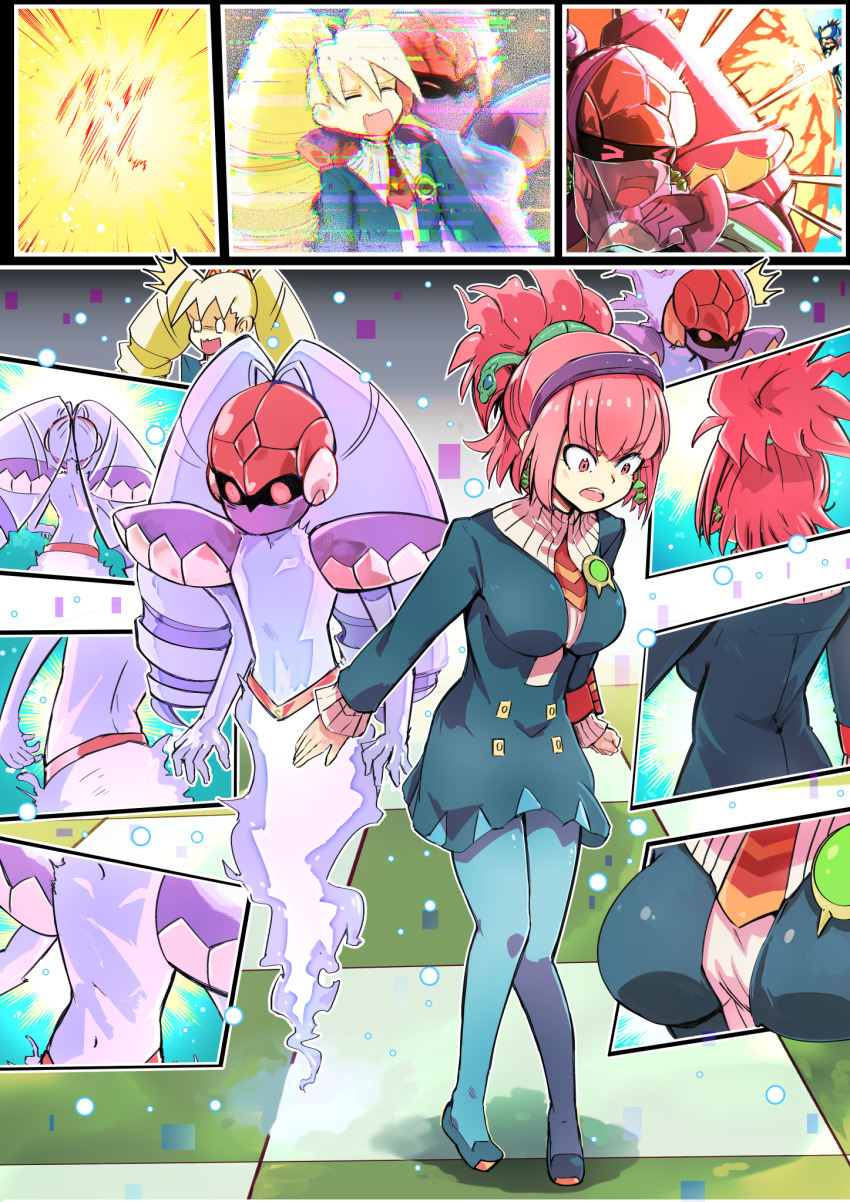 1boy, 2girls, blonde_hair, blue_dress, blue_pantyhose, body_switch, breasts, commentary_request