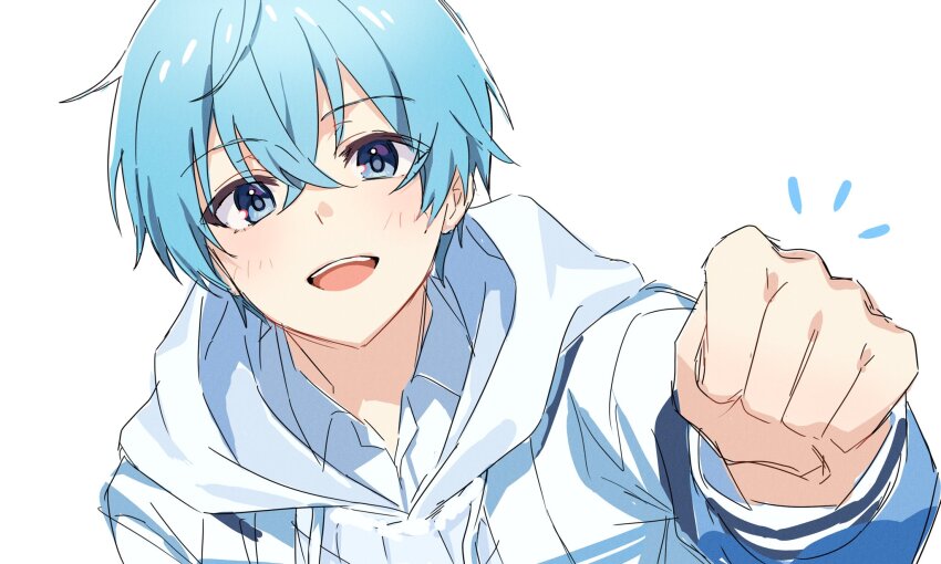 1boy, 9_v4ni, blue_eyes, blue_hair, clenched_hand, colon_(stpri), hair_between_eyes, highres