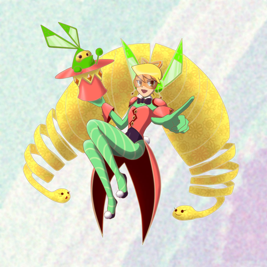 2girls, animal_ears, black_bow, black_bowtie, blonde_hair, bow, bowtie, commentary_request, drill_hair, em_wave_change_(mega_man), green_pantyhose, hair_bow, karasu-man, leotard, long_hair, luna_platz_(mega_man), mega_man_(series), mega_man_star_force_(series), multiple_girls, open_mouth, pantyhose, rabbit_ears, rabbit_tail, smile, striped_clothes, striped_pantyhose, tail, tinted_eyewear, twin_drills, very_long_hair, vogue_(mega_man)