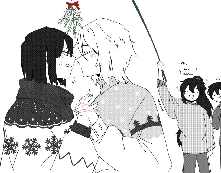 2boys, 2girls, anger_vein, black_hair, blush, bob_cut, christmas_sweater, closed_eyes