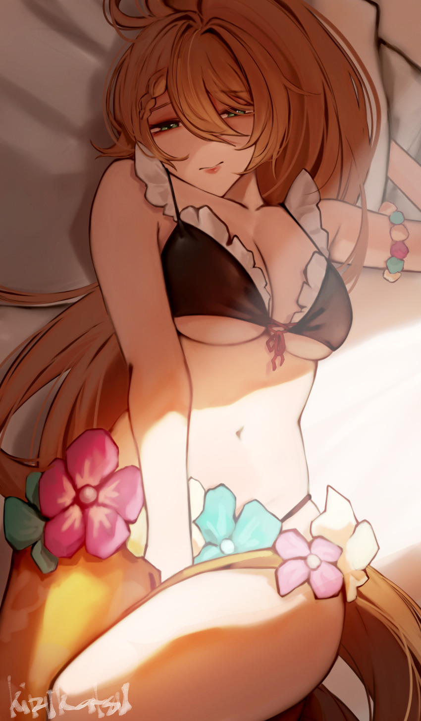 1girl, absurdres, arm_behind_head, between_legs, bikini, black_bikini, blonde_hair, blue_eyes