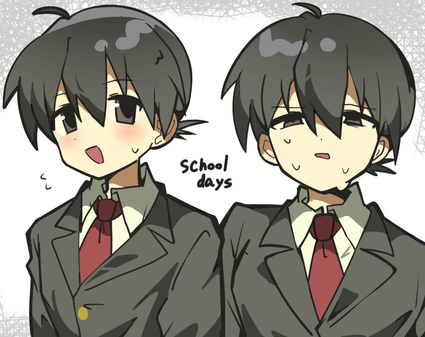1boy, ahoge, black_eyes, black_jacket, blush, collared_shirt, commentary_request, copyright_name