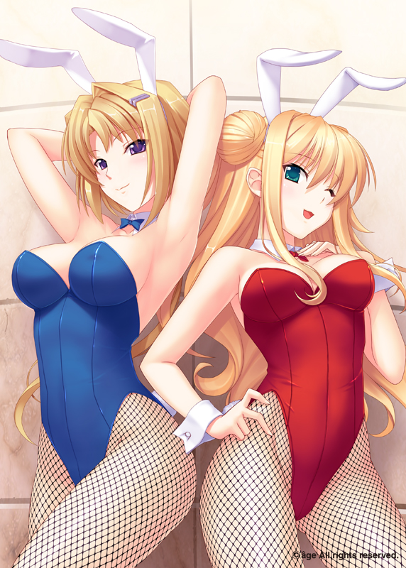 2girls, ;d, animal_ears, armpits, arms_behind_head, bare_shoulders, blonde_hair, bow, bowtie, breasts, cleavage, detached_collar, ellen_aice, fake_animal_ears, fishnet_pantyhose, fishnets, green_eyes, hair_ornament, hairclip, hand_on_own_hip, himukai_kyousuke, hip_focus, lilia_kjellberg, long_hair, multiple_girls, muv-luv, muv-luv_alternative, muv-luv_unlimited:_the_day_after, one_eye_closed, open_mouth, pantyhose, playboy_bunny, purple_eyes, rabbit_ears, smile, source_request, wavy_hair, wink, wrist_cuffs