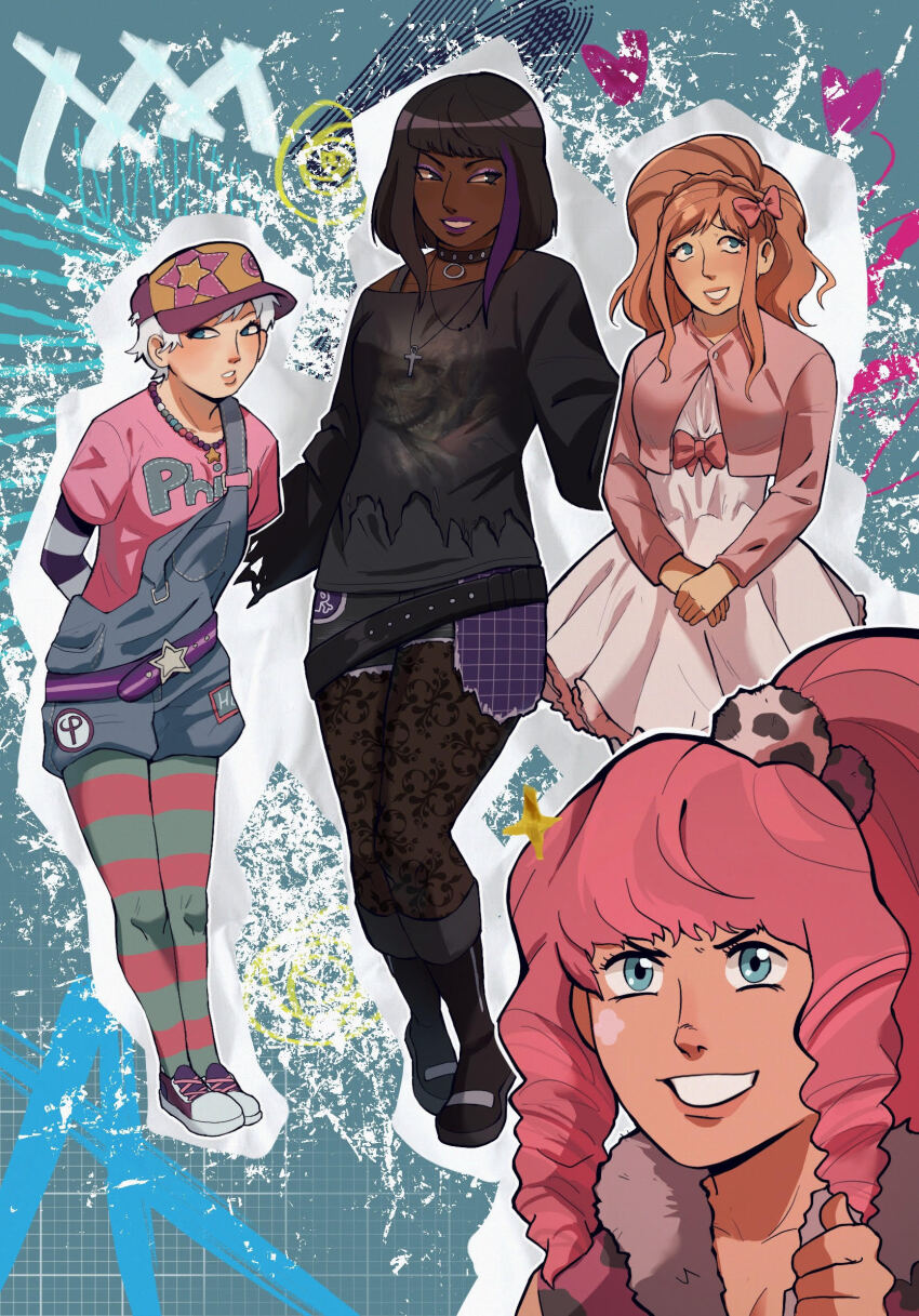 alice_(kyokugen_dasshutsu), alternate_costume, alternate_hair_color, alternate_hairstyle, ankh_necklace, aqua_eyes, baseball_cap, bead_necklace, beads, belt, black_boots, black_choker, black_eyes, black_hair, black_shirt, black_shorts, blue_overalls, blunt_bangs, blush, boots, bow, character_name, choker, clothes_writing, collarbone, commentary, dark-skinned_female, dark_skin, denim, denim_overalls, dress, drill_hair, english_commentary, eyelashes, eyeshadow, facial_mark, fashion, gift_art, gyaru, hair_bow, hair_ornament, hat, highres, jacket, jewelry, krisdice39, kyokugen_dasshutsu, kyokugen_dasshutsu_adv:_zennin_shibou_desu, lips, lipstick, long_hair, long_sleeves, luna_(kyokugen_dasshutsu), makeup, medium_hair, multicolored_hair, multicolored_thighhighs, necklace, orange_hair, outline, overalls, own_hands_together, pantyhose, phi_(kyokugen_dasshutsu), pink_bow, pink_hair, pink_jacket, pink_shirt, pom_pom_(clothes), pom_pom_hair_ornament, purple_belt, purple_eyeshadow, purple_hair, purple_hat, purple_lips, purple_shoes, second-party_source, shirt, shoes, short_hair, shorts, skull_print, smile, standing, star-shaped_buckle, star_(symbol), star_necklace, star_print, streaked_hair, striped_clothes, striped_thighhighs, thighhighs, thumbs_up, torn_clothes, torn_shirt, torn_shorts, two-tone_hair, two-tone_thighhighs, very_short_hair, white_dress, white_hair, white_outline, yotsuba_(kyokugen_dasshutsu)