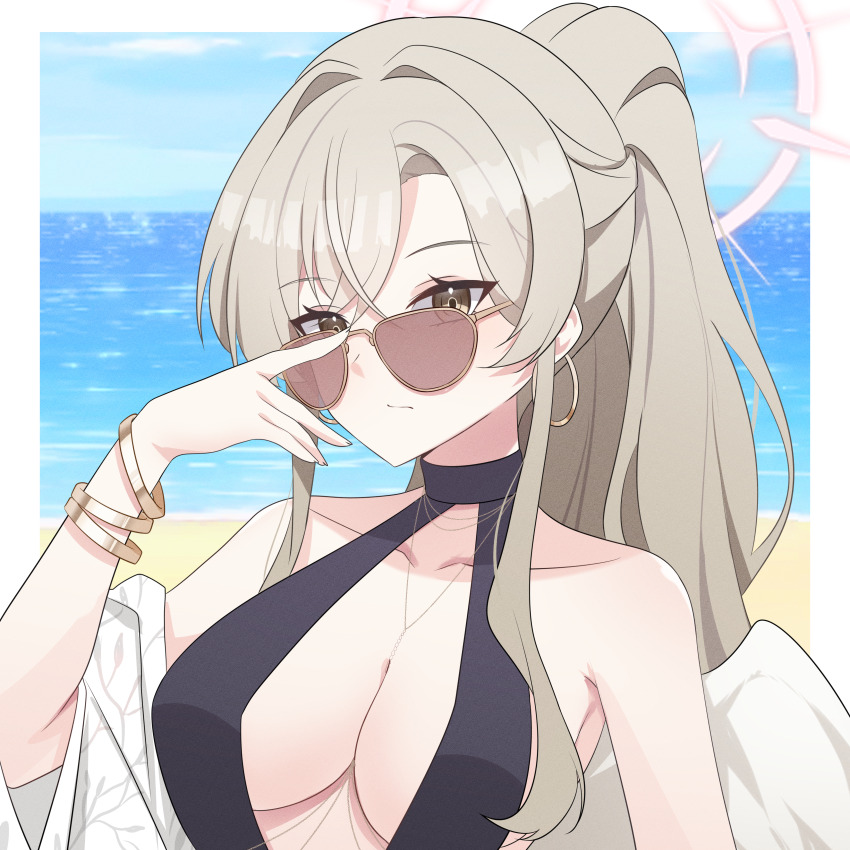 1girl, absurdres, angel_wings, bare_shoulders, black_one-piece_swimsuit, blue_archive, bracelet, breasts, brown_hair, cleavage, closed_mouth, collarbone, commentary_request, earrings, feathered_wings, gold_bracelet, hair_between_eyes, halo, highres, hoop_earrings, jewelry, large_breasts, long_hair, looking_at_viewer, low_wings, nagisa_(blue_archive), nagisa_(swimsuit)_(blue_archive), official_alternate_costume, official_alternate_hairstyle, one-piece_swimsuit, ponytail, red_halo, solo, sunglasses, swimsuit, torasanth, white_wings, wings