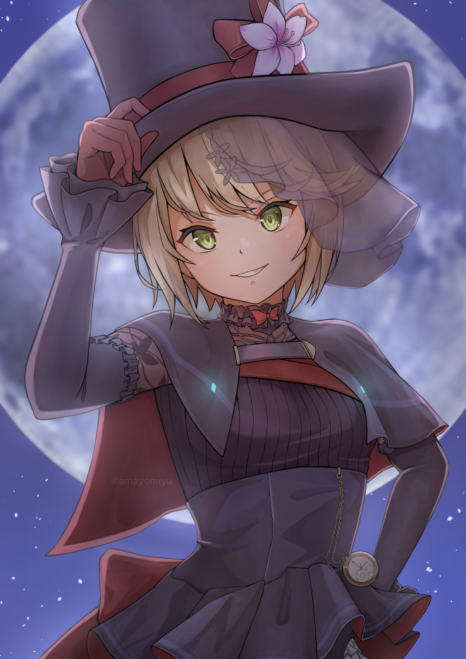 1girl, amayomiyu, black_capelet, black_dress, black_hat, black_sleeves, blonde_hair, bow, bowtie, breasts, capelet, commentary, cowboy_shot, detached_sleeves, dress, flower, frilled_sleeves, frills, full_moon, gloves, green_eyes, grin, hair_between_eyes, hand_on_own_hip, hat, hat_flower, heaven_burns_red, irene_redmayne, irene_redmayne_(moonlit_hide-and-seek), looking_at_viewer, moon, night, outdoors, phantom_thief, pocket_watch, red_bow, red_bowtie, red_gloves, short_hair, sleeveless, sleeveless_dress, sleeves_past_wrists, small_breasts, smile, solo, top_hat, underbust, v-shaped_eyebrows, watch, white_flower, yellow_eyes