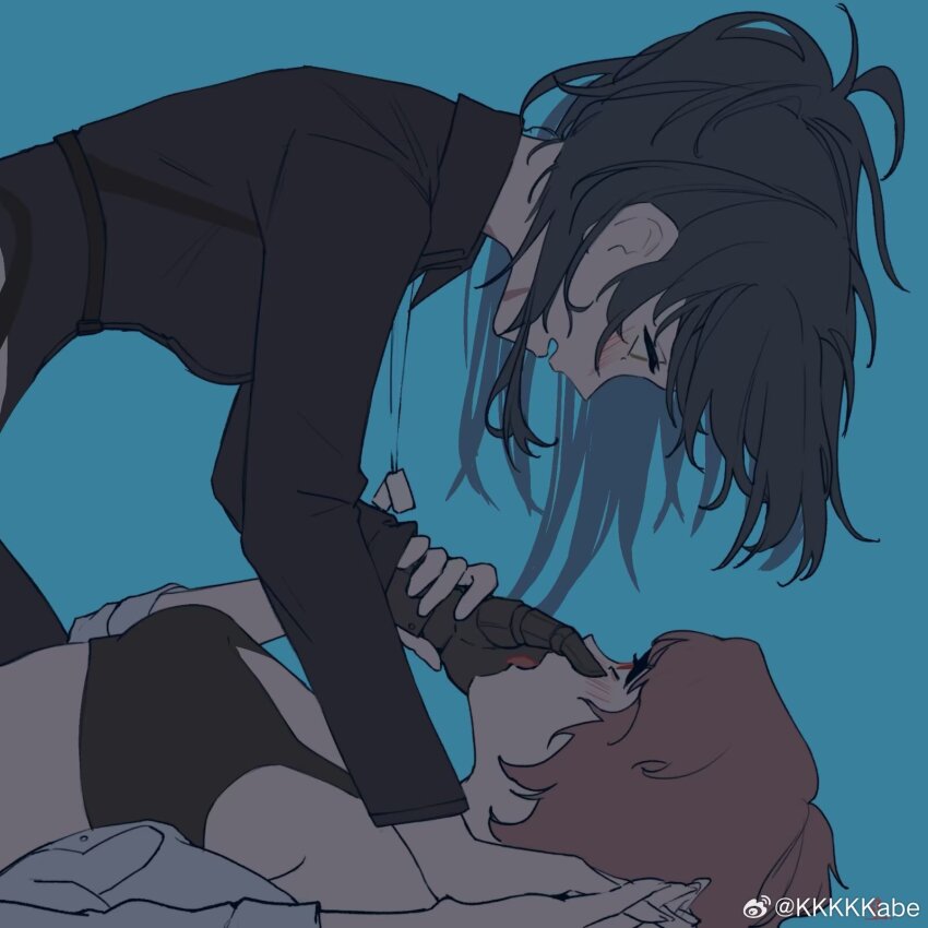 2girls, abi_(kabe), angelia_(girls'_frontline), black_bra, blue_background, blush, bra, breasts