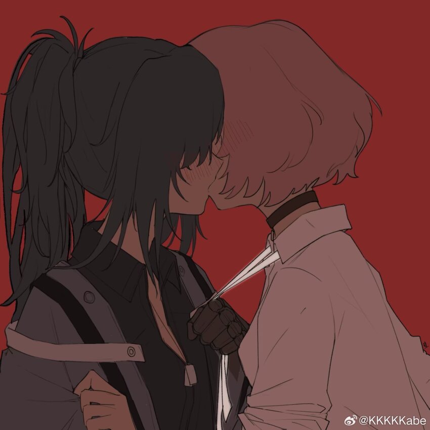 2girls, abi_(kabe), angelia_(girls'_frontline), black_choker, black_shirt, blue_hair, breasts, choker