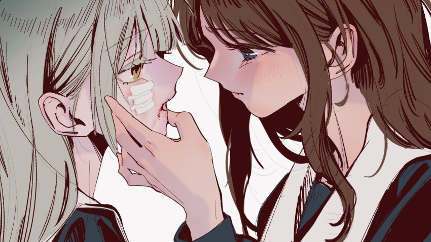 12thfog, 2girls, bang_dream!, bang_dream!_it's_mygo!!!!!, blood, blood_on_mouth, blue_eyes, blue_shirt