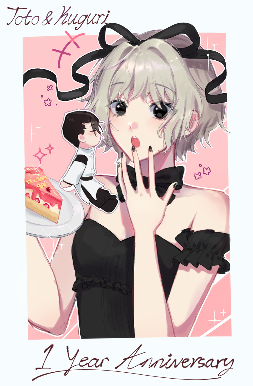 1boy, 1girl, absurdres, anniversary, bare_shoulders, black_bow, black_bowtie, black_dress