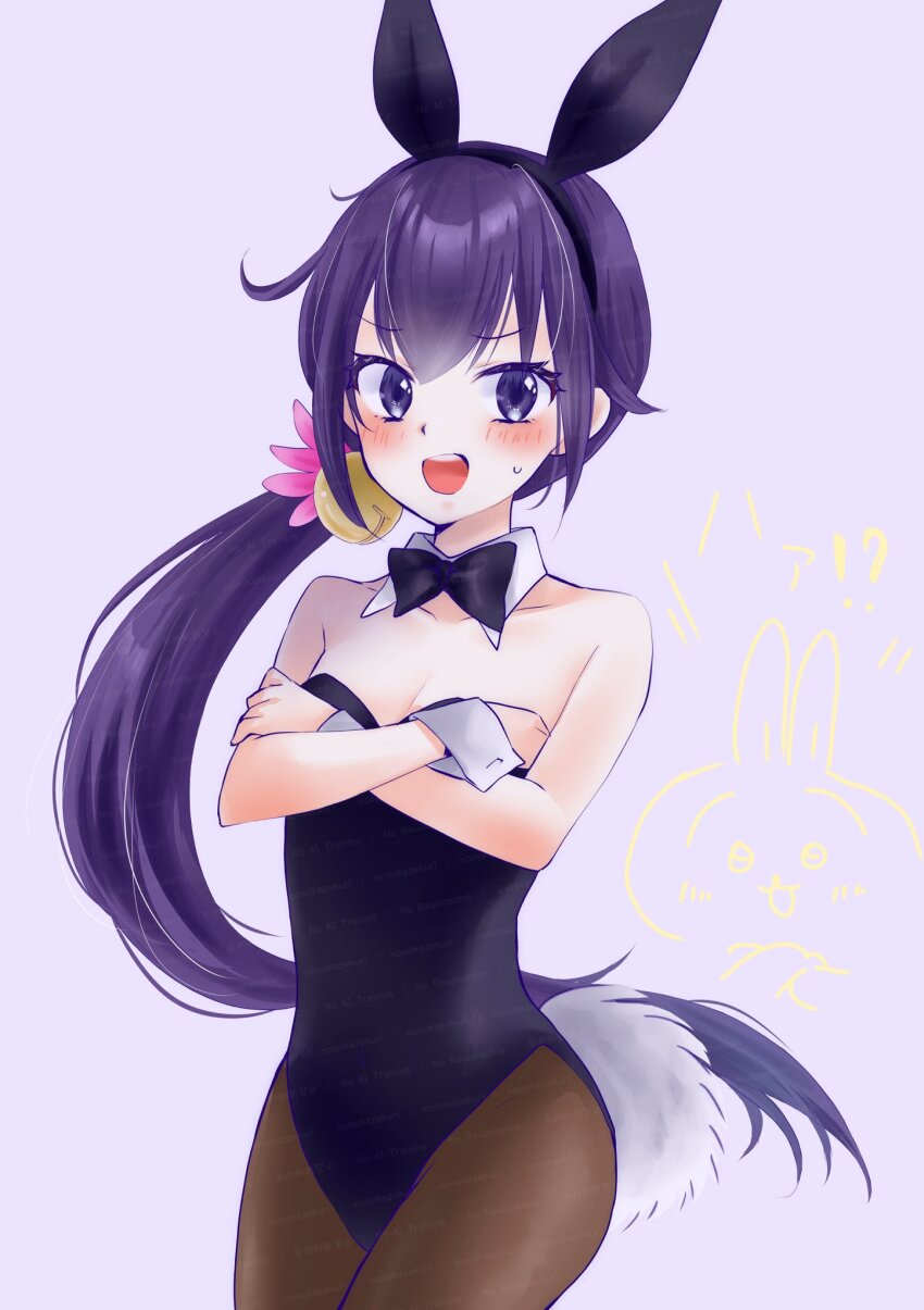 1girl, akebono_(kancolle), animal_ear_hairband, animal_ears, bare_shoulders, bell, black_leotard, blush