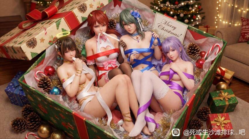christmas, dead_or_alive, dead_or_alive_xtreme, dead_or_alive_xtreme_venus_vacation, fiona_(doa), kanna_(doa), merry_christmas, naked_ribbon