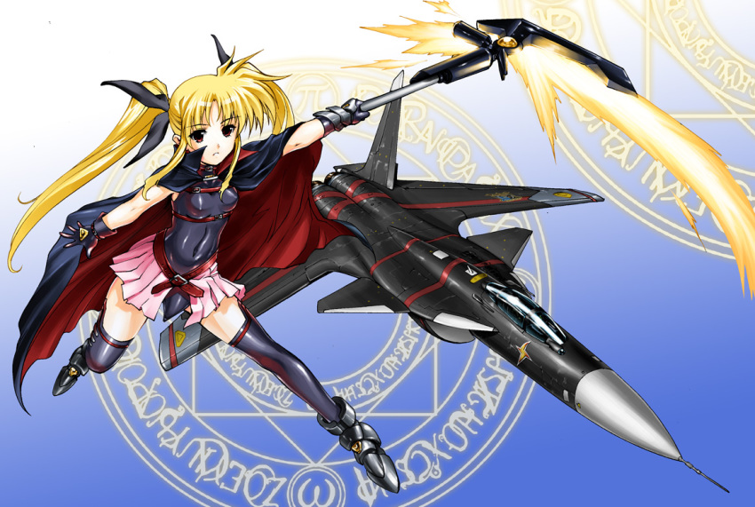 00s, 1girl, aircraft, airplane, bardiche_(haken_form)_(nanoha), bardiche_(nanoha), blonde_hair, cape