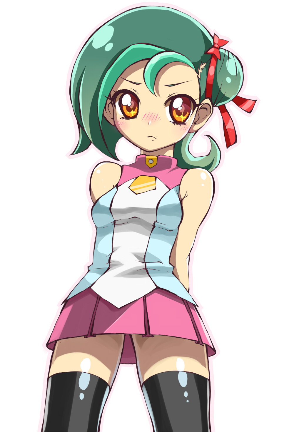 1girl, black_thighhighs, brown_eyes, female_focus, green_hair, hair_bun, highres, mizuki_kotori_(yu-gi-oh!), owarine_miku, shirt, short_hair, single_hair_bun, skirt, solo, thighhighs, yu-gi-oh!, yu-gi-oh!_zexal, yuu-gi-ou, yuu-gi-ou_zexal
