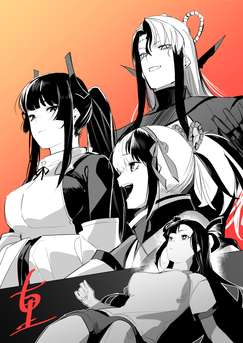 1boy, 3girls, absurdres, amejuuri/terunomiya, commentary_request, floating, gym_uniform, hair_horns