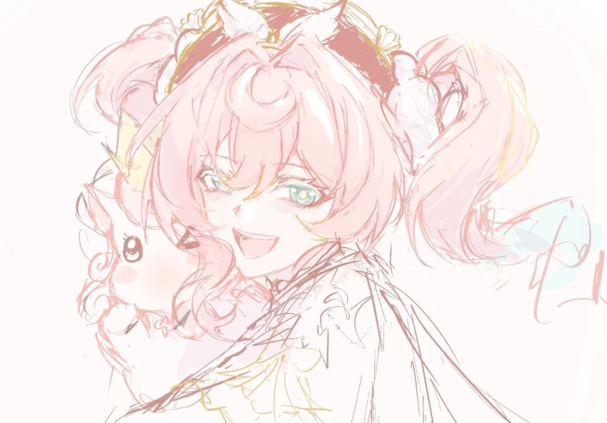 1girl, animal_ears, blush, commentary, english_commentary, eyelashes, green_eyes, hair_between_eyes, hashtag-only_commentary, hat, honkai:_star_rail, honkai_(series), horns, hyacine_(honkai:_star_rail), little_ica_(honkai:_star_rail), looking_at_viewer, multicolored_hair, one_eye_closed, open_mouth, red_hat, tbbtm1312, twintails, white_background, yellow_horns