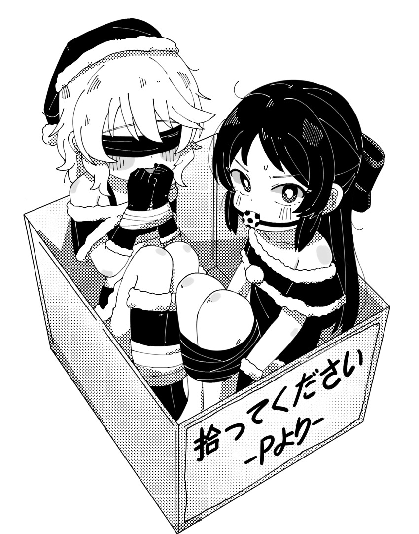 2girls, absurdres, ball_gag, bdsm, bound, bound_legs, bound_wrists, box, christmas, commentary, covered_eyes, disdain, english_commentary, gag, hat, highres, idolmaster, idolmaster_cinderella_girls, loli, looking_at_viewer, multiple_girls, sakurai_momoka, samename111, santa_costume, santa_hat, tachibana_arisu, wiffle_gag