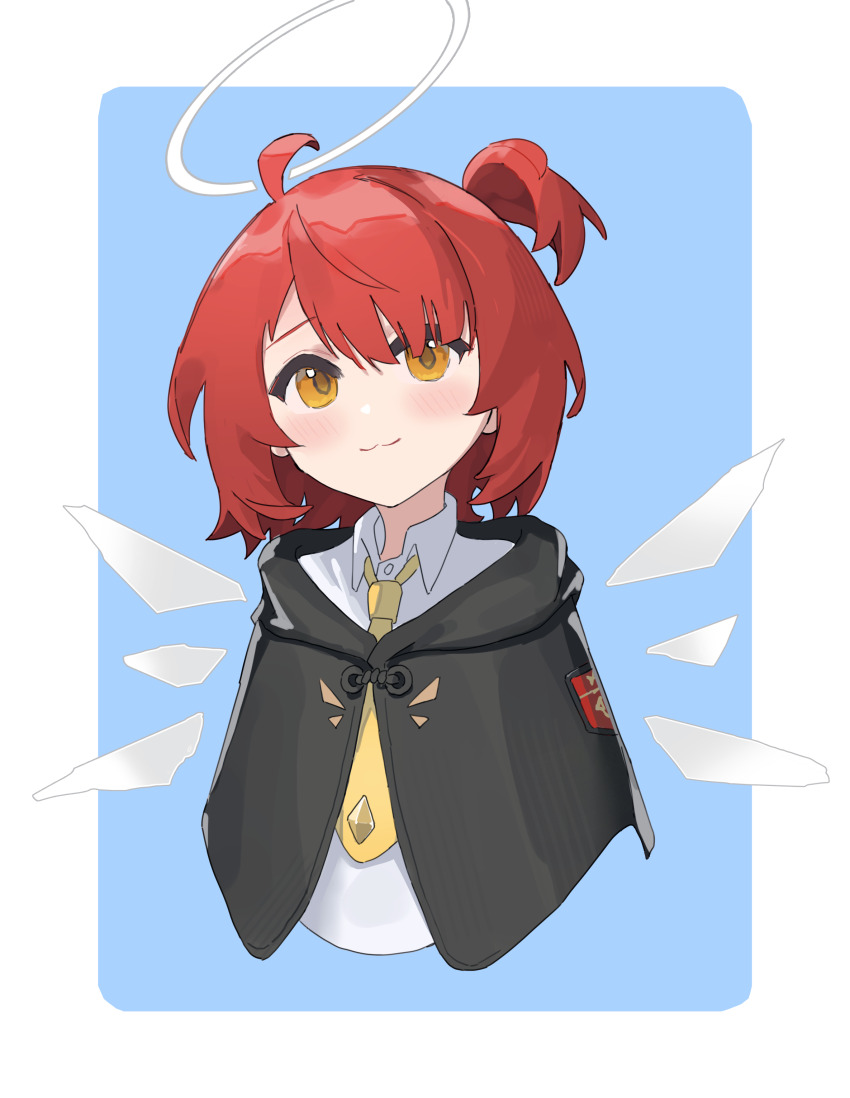 1girl, :3, absurdres, aged_down, ahoge, arknights, black_capelet, blue_background