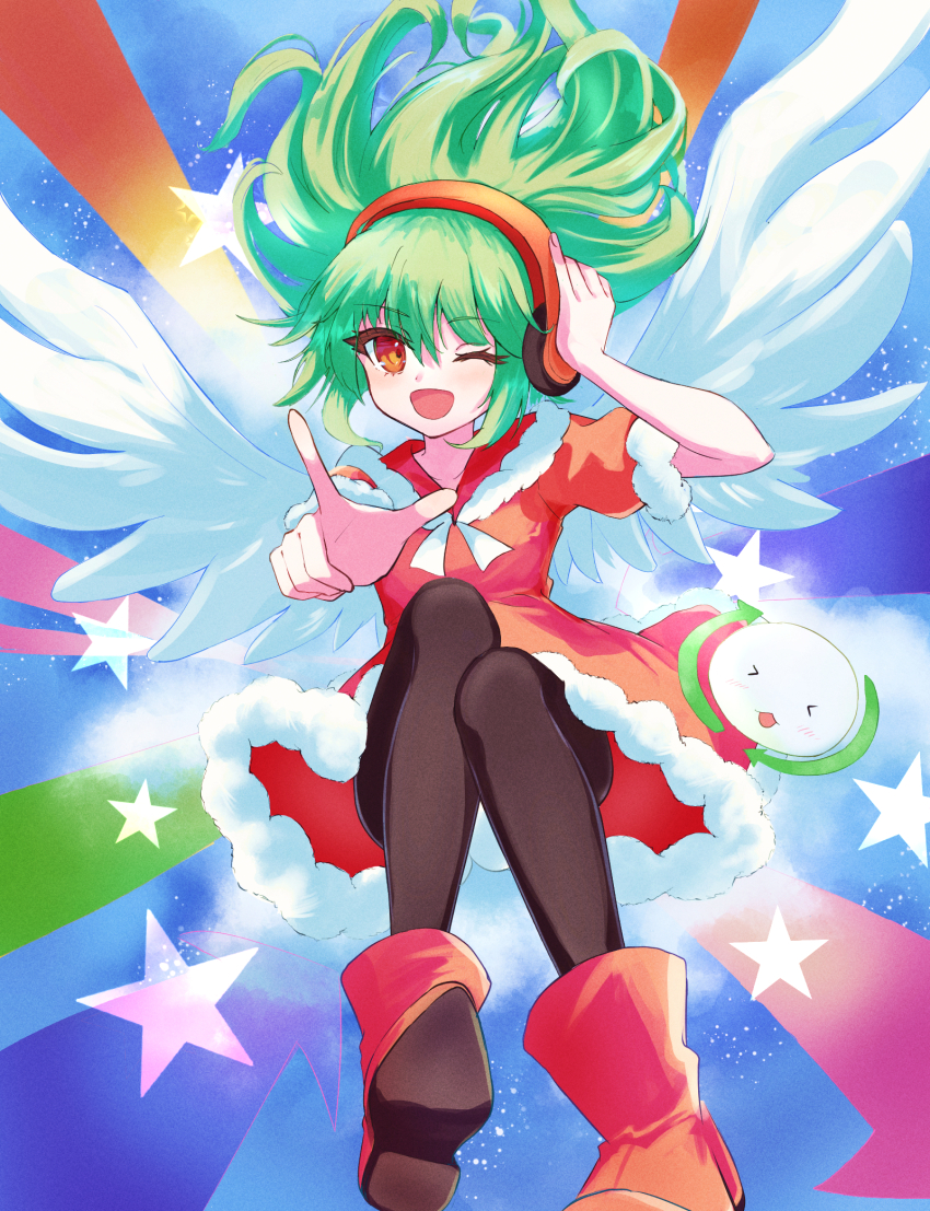 1girl, :d, angel_wings, arrow_(symbol), black_pantyhose, blue_background, bms, boots