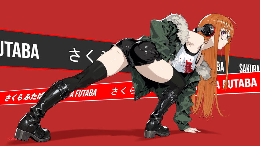 1girl, arm_support, armpit_crease, ass, behind-the-head_headphones, black_bodysuit, black_shorts, black_thighhighs, bodysuit, breasts, character_name, from_side, full_body, fur-trimmed_jacket, fur_trim, glasses, green_jacket, headphones, highres, jacket, kuro_kotek, leaning_forward, long_hair, looking_at_viewer, making-of_available, orange_hair, parted_lips, persona, persona_5, purple_eyes, red_background, sakura_futaba, shiny_clothes, short_shorts, shorts, simple_background, small_breasts, solo, stretching, tank_top, thighhighs, thighs, very_long_hair, white_tank_top