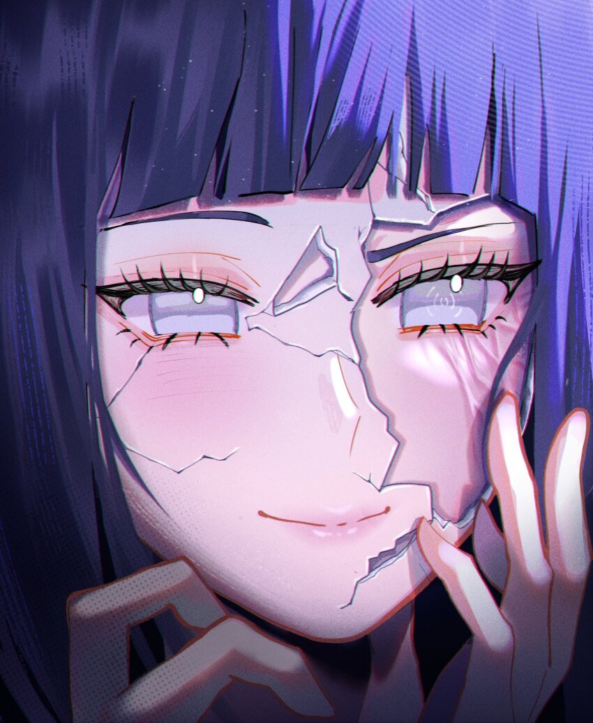 1girl, absurdres, blue_hair, blunt_bangs, byakugan, close-up, commentary, cracked_kawaii_mask