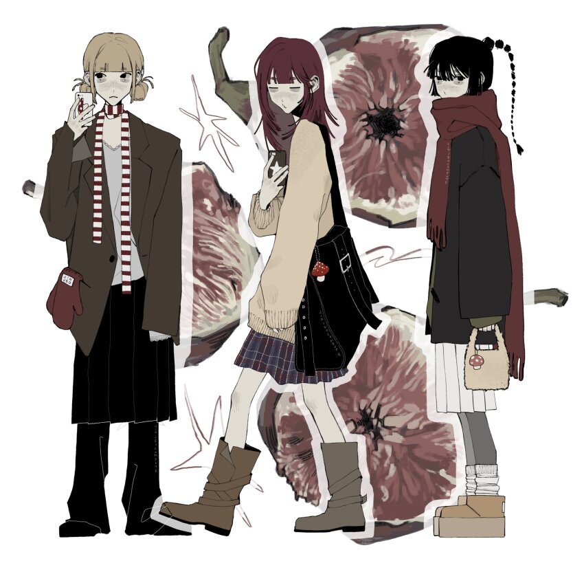 3girls, :<, aegyo_sal, ankle_boots, ankle_socks, arm_at_side, artist_name, bag