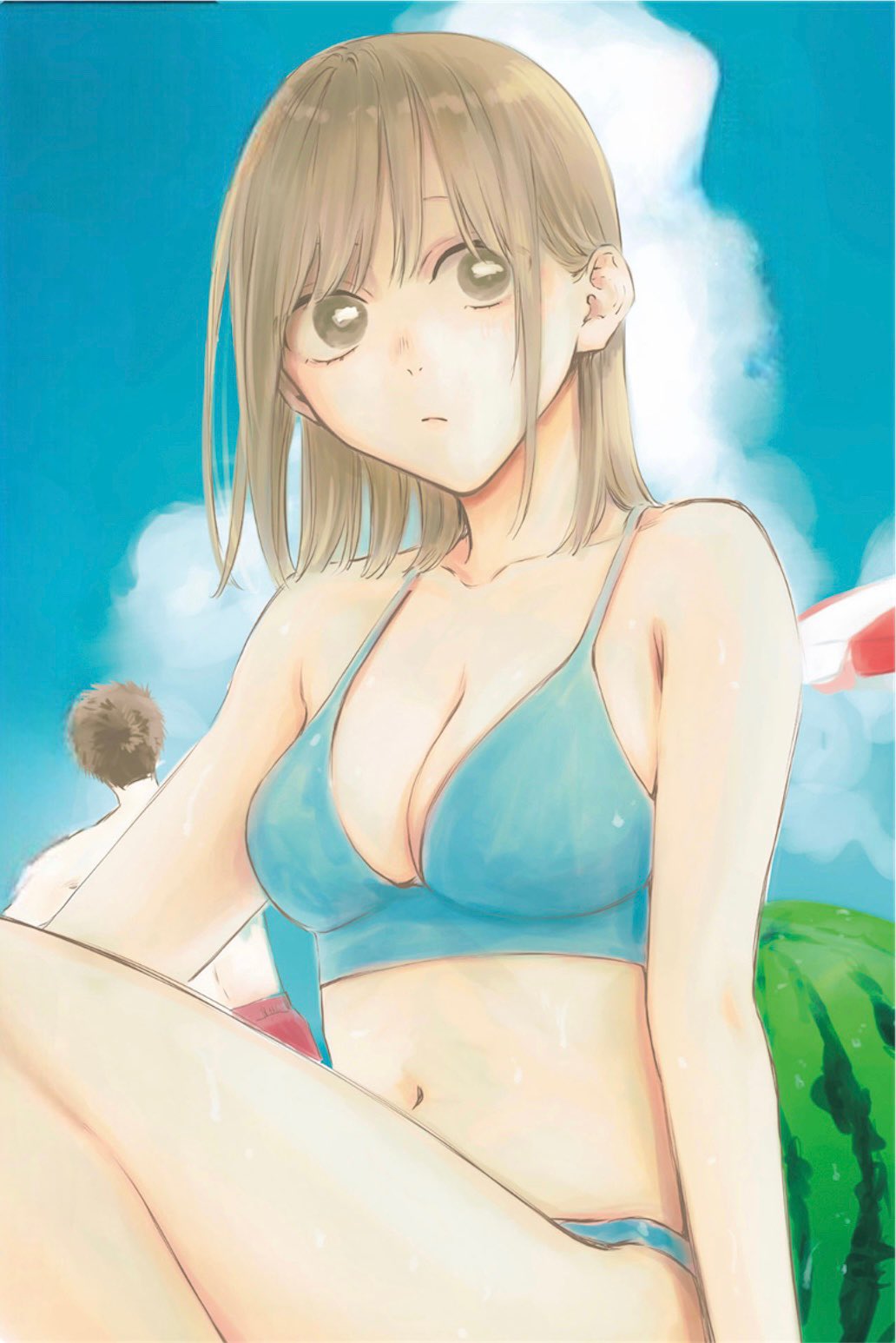 1boy, 1girl, ao_no_hako, bikini, blue_bikini, blue_sky, breasts, brown_eyes