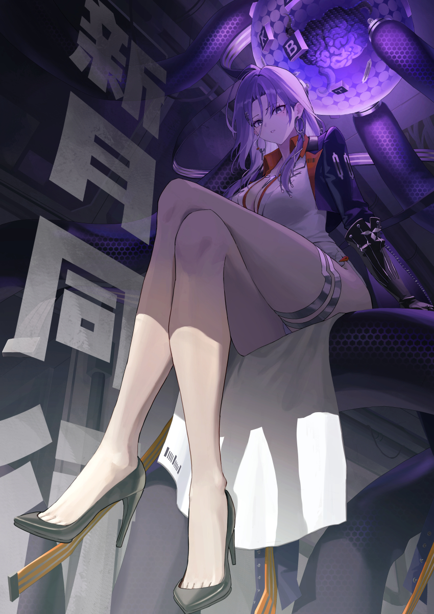 1girl, absurdres, ahoge, arm_support, backlighting, black_gloves, brain, breasts