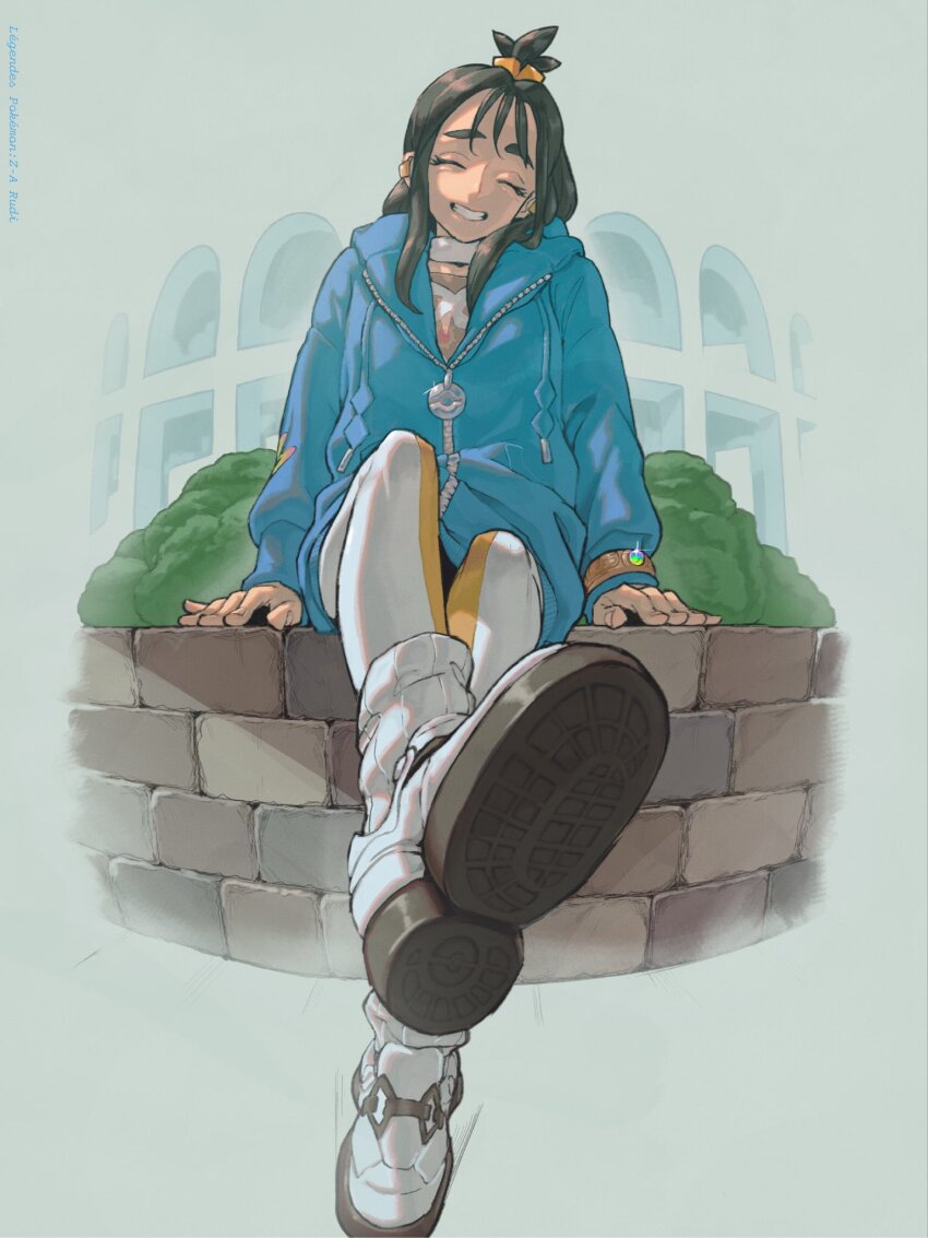 1girl, black_hair, blue_hoodie, breasts, choker, closed_eyes, cube_hair_ornament, earclip